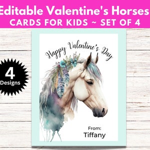 Editable Horse Valentine's Cards / Printable Valentine Watercolor Horses Cards for kids/ Personalized Valentine Cards Set / HorseValentine