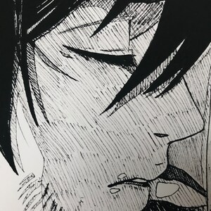 May include: Black and white pen and ink drawing of a person's face. The person has short, dark hair and is looking down. The drawing is detailed and shows the person's facial features.