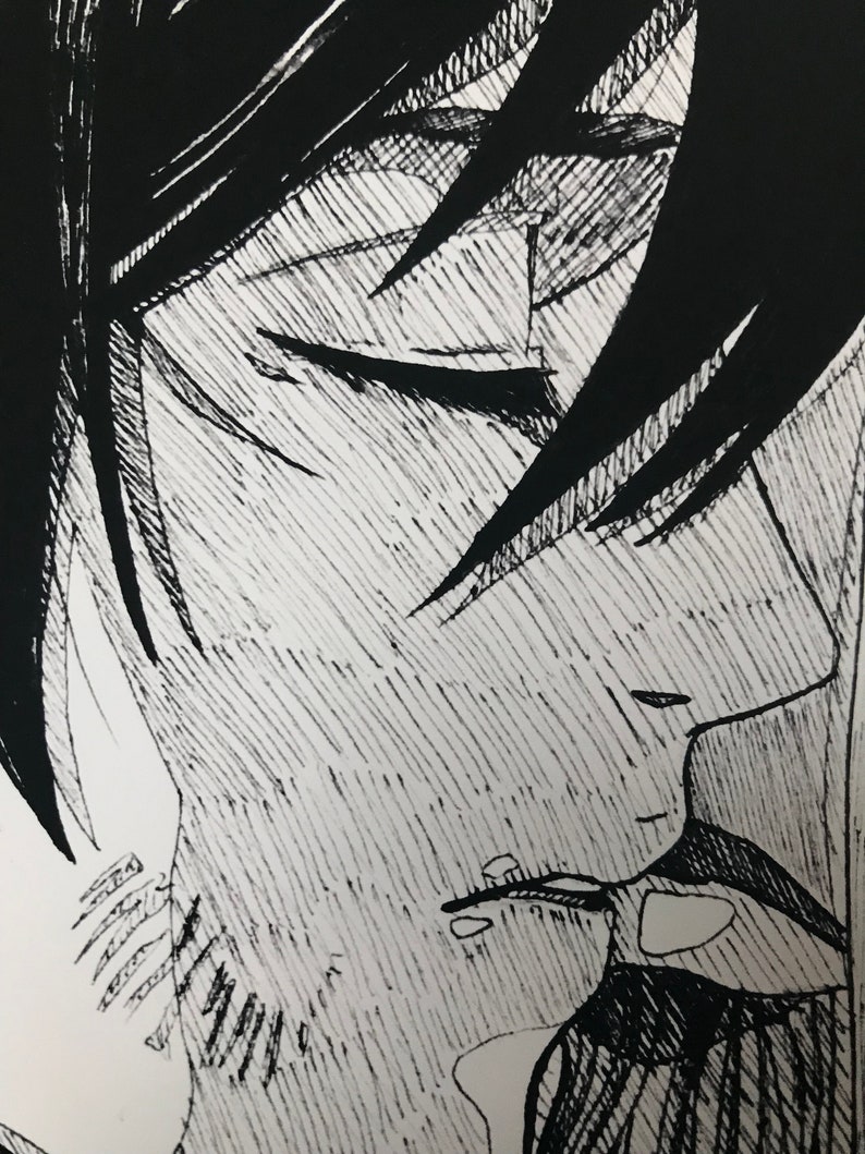 May include: Black and white pen and ink drawing of a person's face. The person has short, dark hair and is looking down. The drawing is detailed and shows the person's facial features.