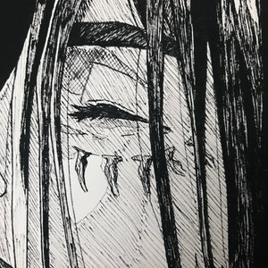 May include: Black and white ink drawing of a person's face, with long hair covering part of the face. The person's eye is visible, with a few lines drawn around it.