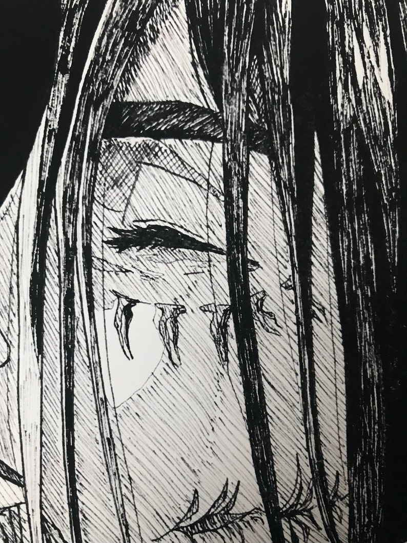 May include: Black and white ink drawing of a person's face, with long hair covering part of the face. The person's eye is visible, with a few lines drawn around it.