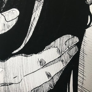 May include: Black and white illustration of a hand reaching out, drawn with fine lines.