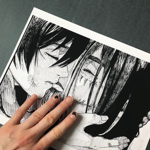 May include: Black and white illustration of two people embracing. The woman is crying and the man is holding her close. The illustration is drawn in a detailed style with hatching and cross-hatching.