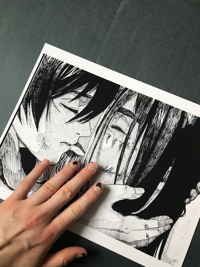 May include: Black and white illustration of two people embracing. The woman is crying and the man is holding her close. The illustration is drawn in a detailed style with hatching and cross-hatching.