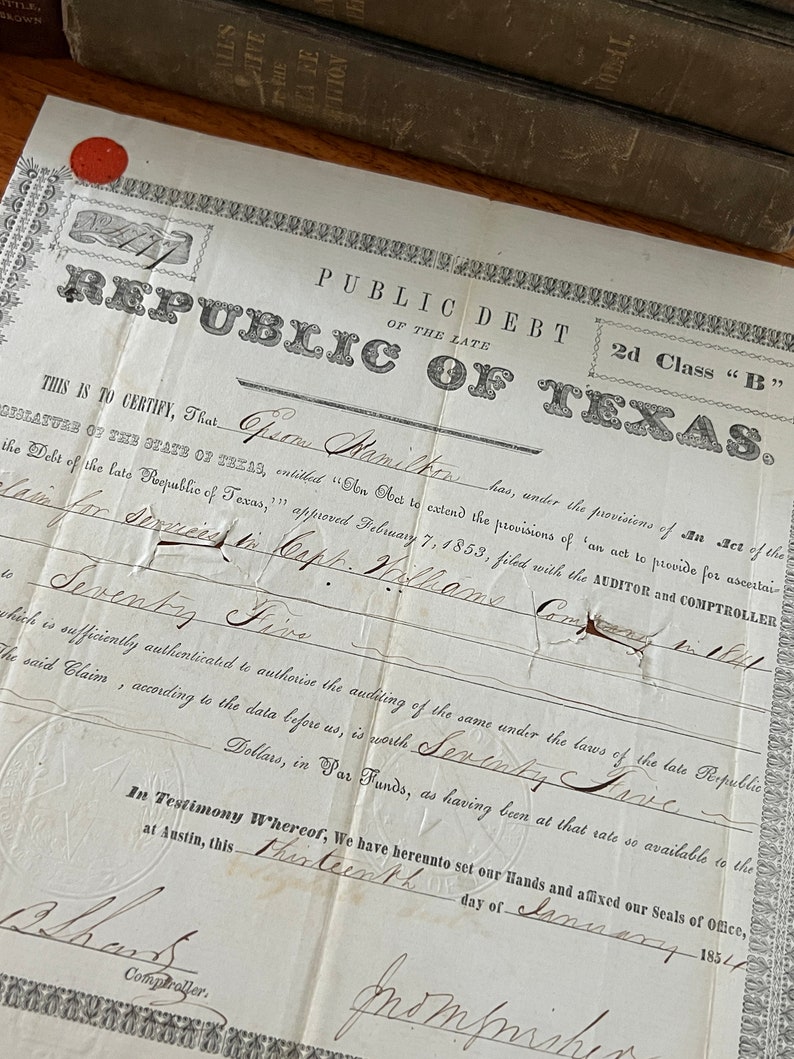 Antique Document 1854 Republic of Texas Public Debt Settlement 2nd