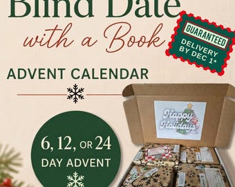 May include: A cardboard box containing wrapped books for a Blind Date with a Book advent calendar. The box lid features a Happy Holidays graphic. Text includes Blind Date with a Book, Advent Calendar, 6, 12, or 24 Day Advent, and Guaranteed Delivery by Dec 1.
