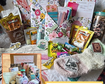 May include: A selection of items, including books, snacks, and stationery, presented on a patterned surface. The items are wrapped in floral-printed paper and include coffee sachets, stickers, and a pair of fluffy socks. The text "Blind Date with 5 Books" is visible.