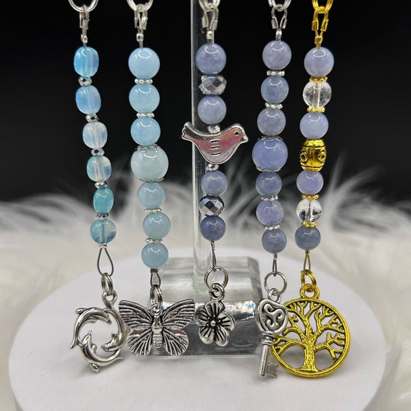 Gemstone Keychain, Genuine Blue Quartz, Rear View Mirror Charm, Sun Catcher, Dolphins, Butterfly, Flower, Bird, Tree of Life, Silver, Gold