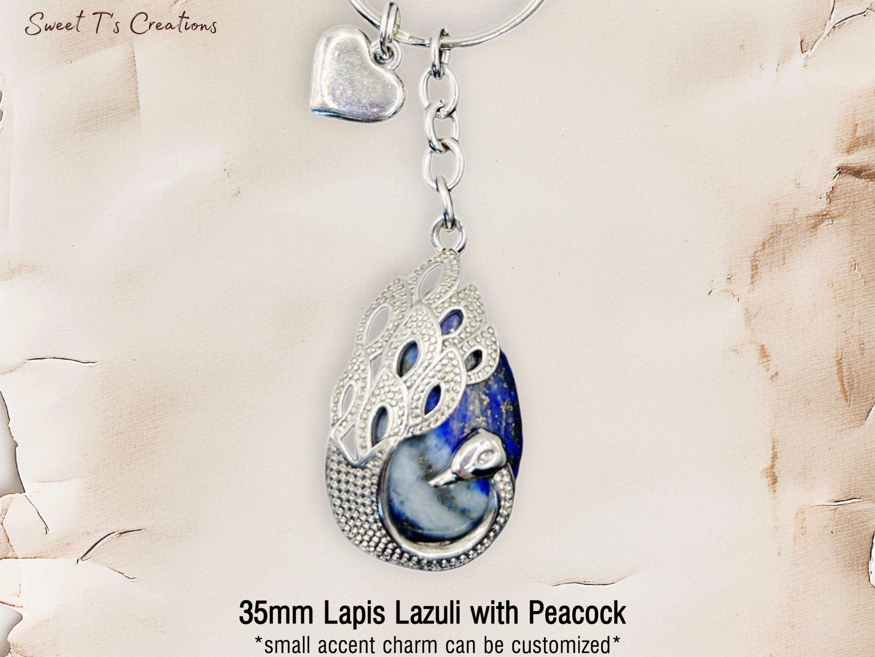 Blue Lapis Peacock Keychain, Customizable, Chakra Gemstone