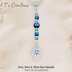 Blue Hematite Keychain, Customizable, Chakra Gemstone Crystals, FOB Accessory, Mirror Charm, Suncatcher, Purse/Handbag Pendant, Unisex Gift