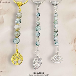 Green Tree Agate Keychain, Customizable, Chakra Gemstone Crystals, FOB Accessory, Mirror Charm, Suncatcher, Purse/Bag Pendant, Unisex Gift
