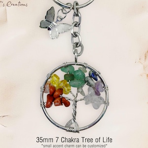 Tree of Life 7 Chakra Keychain, Customizable, Crystal Gemstones, FOB Accessory, Mirror Charm, Suncatcher, Purse/bag Pendant, Unisex Gift