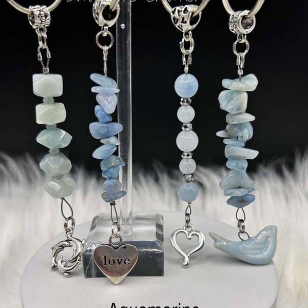 Gemstone Keychain, Genuine Aquamarine Chakra Crystals, Purse Charm, Rear View Mirror Charm, Perfect Gift, Dolphins, Heart, Bird