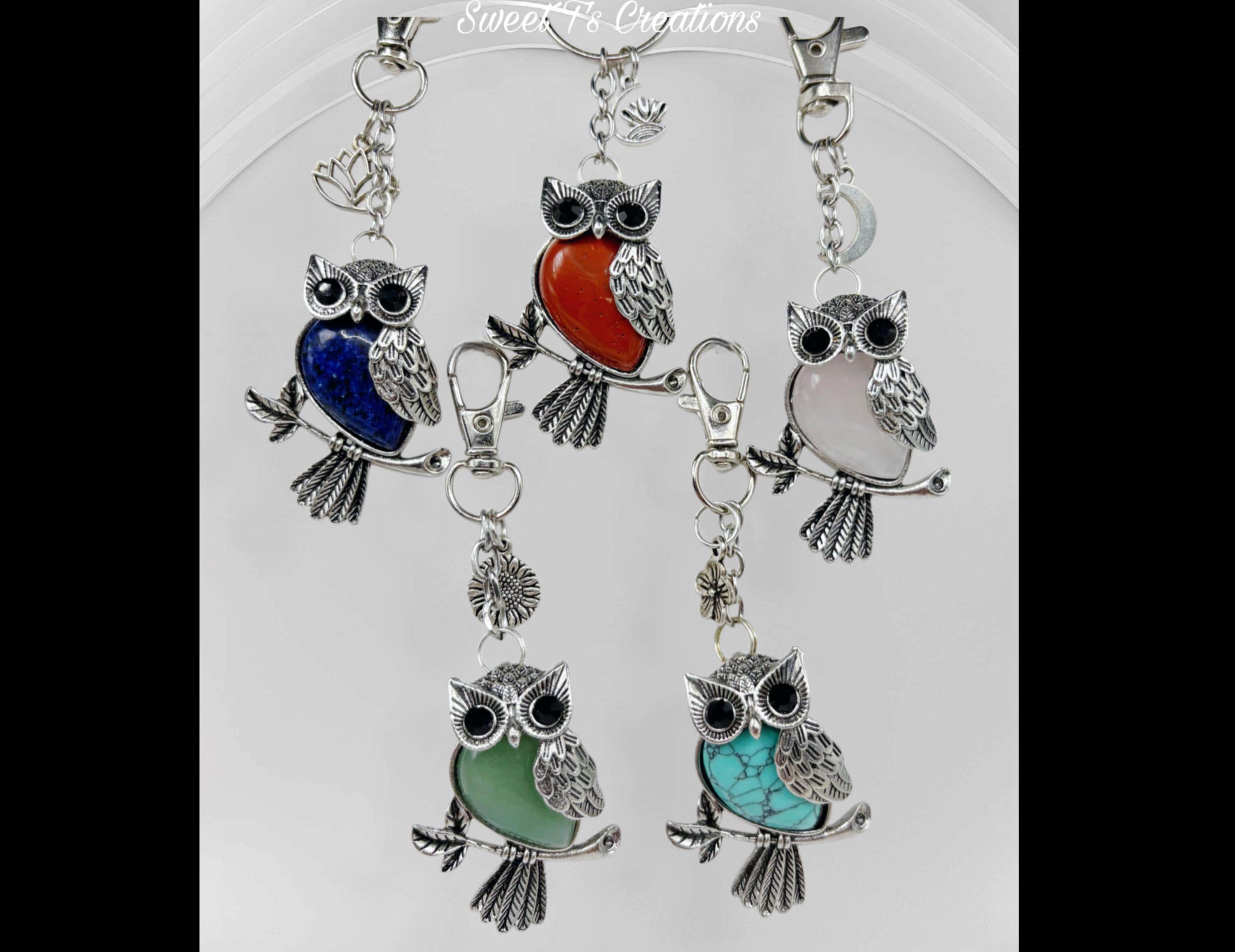 Owl Gemstone Keychain, Bag/Purse Accessory, Car FOB/Mirror Charm, Chakra Gemstone Crystals, Customiz