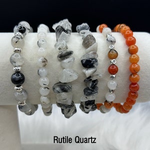Gemstone Bracelet, Genuine Quartz, Chakra Crystals, Black & White, Red Rutile, Stainless Steel, Perfect Unisex Gift, Optional Charm