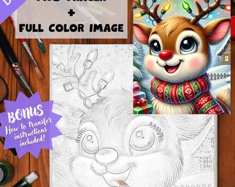 May include: A digital download of a paint-by-number printable featuring a cute cartoon reindeer with a red nose and a scarf. The image includes a full-color version and a black and white outline for tracing.