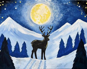 NEW - Moonlight Deer Painting Kit - Paint Your Own - Hand-Drawn - Canvas Painting - Paint & Sip - Paint Party - Paint Kit - DIY Paint Kit