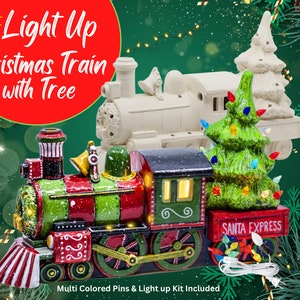 Light Up Holiday Christmas Train with Tree - Ceramic Bisque - Unpainted or Painted - Light Up Kit Included
