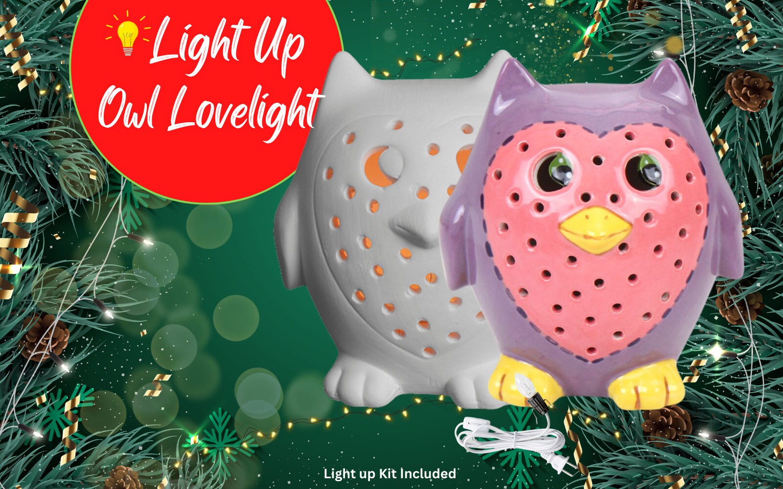 Light Up Holiday Christmas Heart Owl - Night Light Heart Owl - Ceramic Bisque - Unpainted or Painted