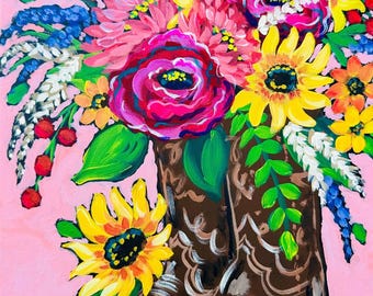 Cowgirl Boots and Florals Painting Kit - Paint Your Own - Canvas Painting - Paint & Sip - Paint Party - Paint Kit - DIY Paint Kit