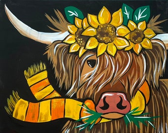 NEW - Fall Highlander Cow Painting Kit - Paint Your Own - HandDrawn -Canvas Painting - Paint & Sip - Paint Party - Paint Kit - DIY Paint Kit