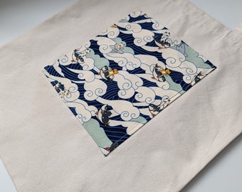 Surfing Kawaii Cats | Natural Cotton Canvas | Tote bag | Exterior Pocket