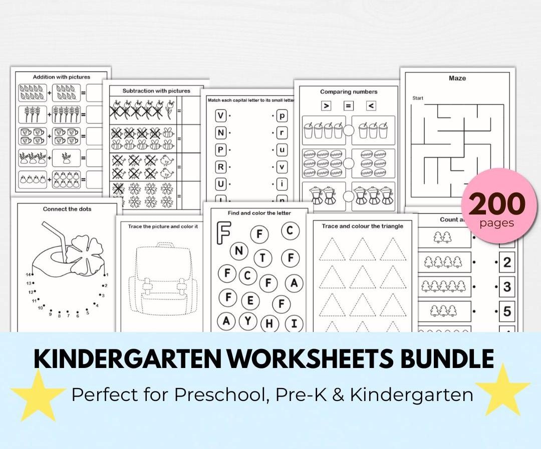 200-page Kindergarten Worksheet Bundle: Preschool Learning Activities ...