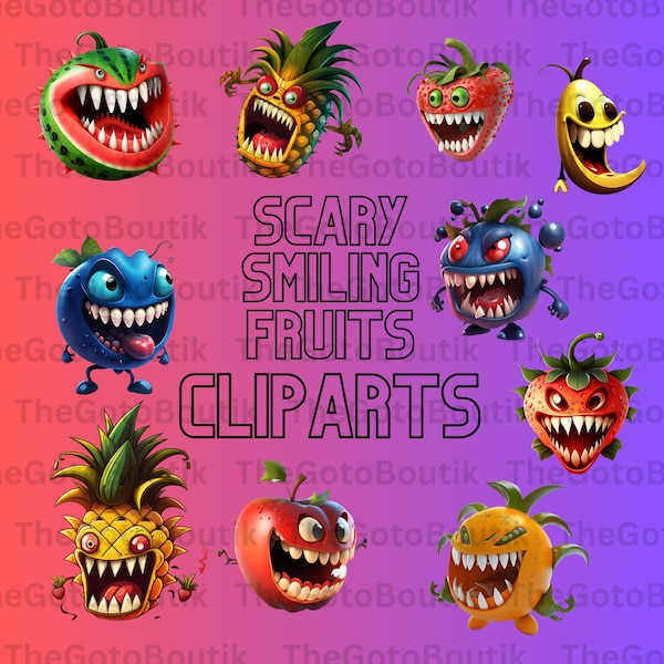 Bundle Of 60+ Scary Fruits Cartoon Style Clipart | Digital Strawberries PNG Designs | Fun Watermelon Images | Demoniac Scary Smile