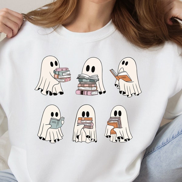 Ghost Reading Books Sweater, Bookish Halloween Sweatshirt, Halloween Teacher Gift, Librarian Halloween Hoodie, Spooky Ghost Crewneck