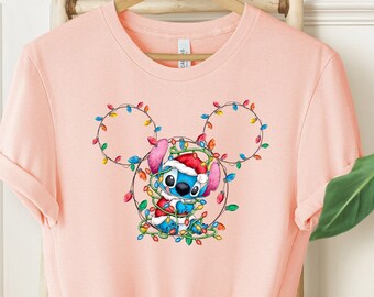 Disney Stitch Mickey Ear Lighting Christmas Shirt, Disney Stitch Xmas Shirt, Christmas Stitch Tee, Christmas Disney Gift, Disneyworld Shirt.