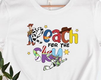 Camiseta Reach For The Sky, camiseta Disney Toy Story, camisetas de personajes de Disney, camiseta de viaje familiar de Disney, camiseta de grupo de Disney, vacaciones familiares 2025