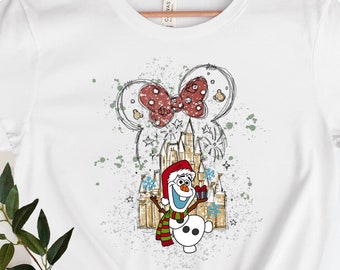 Camiseta navideña con el castillo de Olaf, bonita camiseta con el muñeco de nieve de Olaf, camiseta de Olaf de Frozen de Disney, camiseta navideña a juego de Disney