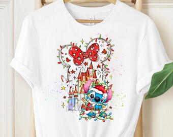 Stitch Christmas Shirt, Christmas Castle Shirt , Disney watercolor Shirt,Christmas Stitch Tee, Christmas Disney Gift, Disneyworld Shirt.