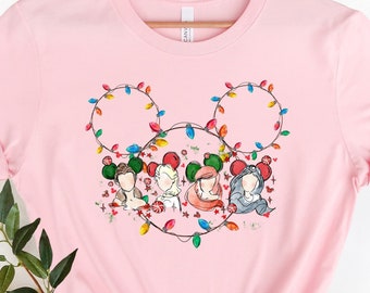 Camisa de luces de Navidad de princesas de Disney, camisa linda de Disney, camisa de orejas de Mickey de princesas de Disney, camisa de princesa de acuarela de Navidad de Disney