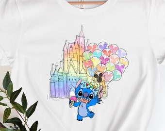 Disney Stitch Watercolor Castle Shirt,Disney Stitch Balloon Shirt, Family Vacation Shirt, Disney Trip Shirt,Cute Stitch Shirt, Disney Shirts