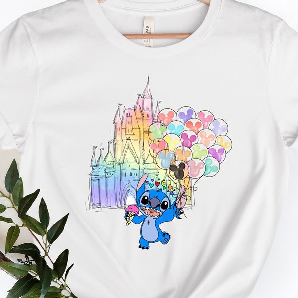 Disney Stitch Watercolor Castle Shirt, Disney Stitch Balloon Shirt, Family Vacation Shirt, Balloons, Disney Trip Shirt, Cute Stitch Shirt