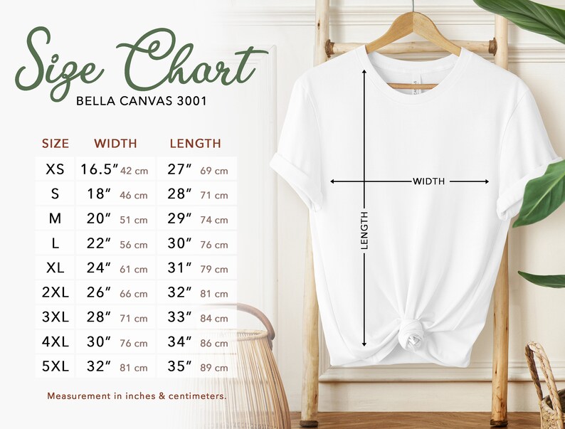 Puede incluir: Tabla de tallas para camisetas Bella Canvas 3001, que muestra las medidas en pulgadas y cent&iacute;metros para las tallas XS a 5XL. La tabla incluye las medidas de ancho y largo para cada talla.