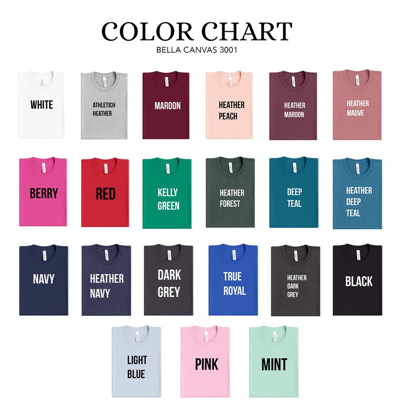 Puede incluir: Carta de colores para camisetas Bella Canvas 3001, mostrando 18 colores diferentes, incluyendo blanco, rojo, azul marino, negro, rosa y verde.