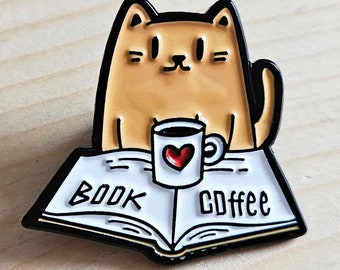 CAT COFFEE BOOK - Cat Pins / Pet Brooches / Cat Book Pins / Gifts