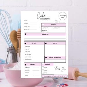 May include: A pink and white cake order form with sections for customer details, cake description, sketch, special instructions, amount, and payment. The form includes fields for name, phone, event date, number of people, flavors, filling, cake size, number of tiers, cake shape, other details, subtotal, delivery, deposit, and total. The form also includes checkboxes for pick up or delivery, cash, card, or other payment methods. The form has the text "Cake Order Form" at the top and "Thank You" at the bottom.