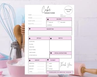 Peut inclure: Un formulaire de commande de gâteau rose et blanc avec des sections pour les coordonnées du client, la description du gâteau, l'esquisse, les instructions spéciales, le montant et le paiement. Le formulaire comprend des champs pour le nom, le téléphone, la date de l'événement, le nombre de personnes, les saveurs, la garniture, la taille du gâteau, le nombre d'étages, la forme du gâteau, autres détails, le sous-total, la livraison, le dépôt et le total. Le formulaire comprend également des cases à cocher pour la prise en charge ou la livraison, l'espèces, la carte ou d'autres modes de paiement. Le formulaire porte le texte "Cake Order Form" en haut et "Thank You" en bas.