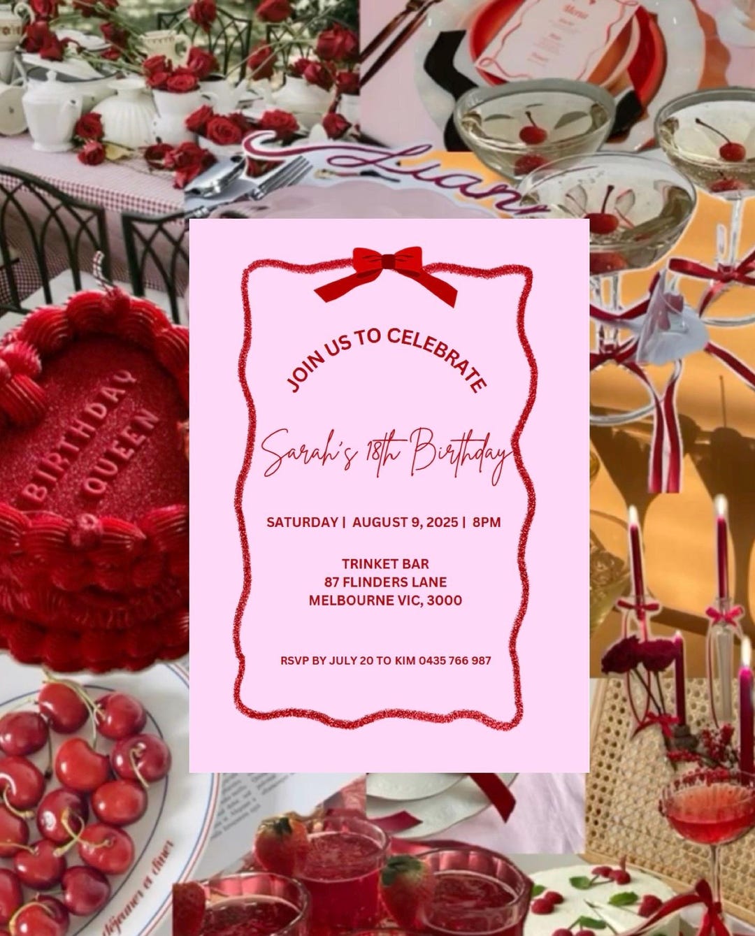 Pink and Red Bow Birthday Invitation Template, Instant Download, Curvy ...