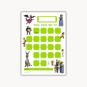 May include: A green and white printable board game featuring characters from the film Shrek. The board game has a title that says "You Can Do It!" and includes a start and finish square.