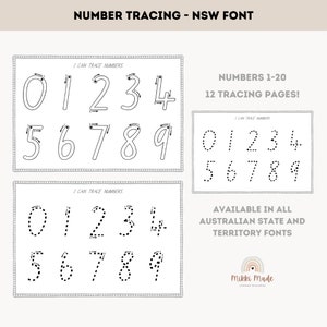 May include: Black and white number tracing pages for learning numbers 1-20. The pages include solid and dotted numbers for tracing practice. The text "I Can Trace Numbers" is at the top of each page. The text "Available in all Australian State and Territory Fonts" is also included.