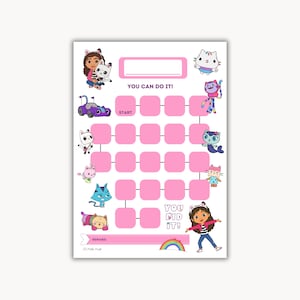 May include: A pink and white reward chart featuring cartoon characters and the text "YOU CAN DO IT!". The chart has spaces for tracking progress and a section for rewards, with a rainbow graphic at the bottom.
