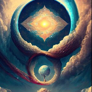 May include: A surreal digital art painting depicting a swirling, colorful sky with a bright, glowing orb at the center.  Three figures stand on a path leading to a tree with a planet in its branches.  The text "LetsgetlostinArt" is at the bottom of the image.