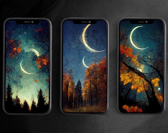 3 Pack | Autumn Crescent Moon Phone Wallpapers | Android Wallpaper | iPhone Wallpaper | Digital Download | Moon | 1 Bonus Wallpaper