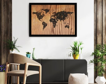 World map wood frame | Mural decoration | Canadian animal Art