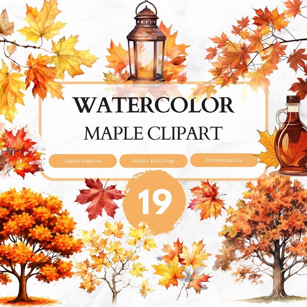 Watercolor Autumn Maple Clipart, Watercolor Maple, Brown Leaf Clipart, Maple Cyrup Clipart, Fall Foliage Clipart, Red Leaf Clipart