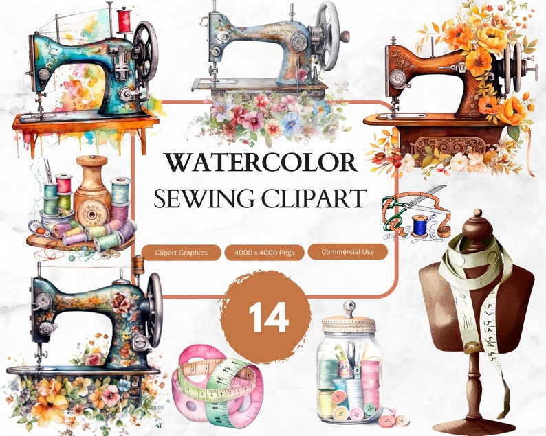 Watercolor Sewing Clipart, Sewing Machines Clipart, Instant Download ...